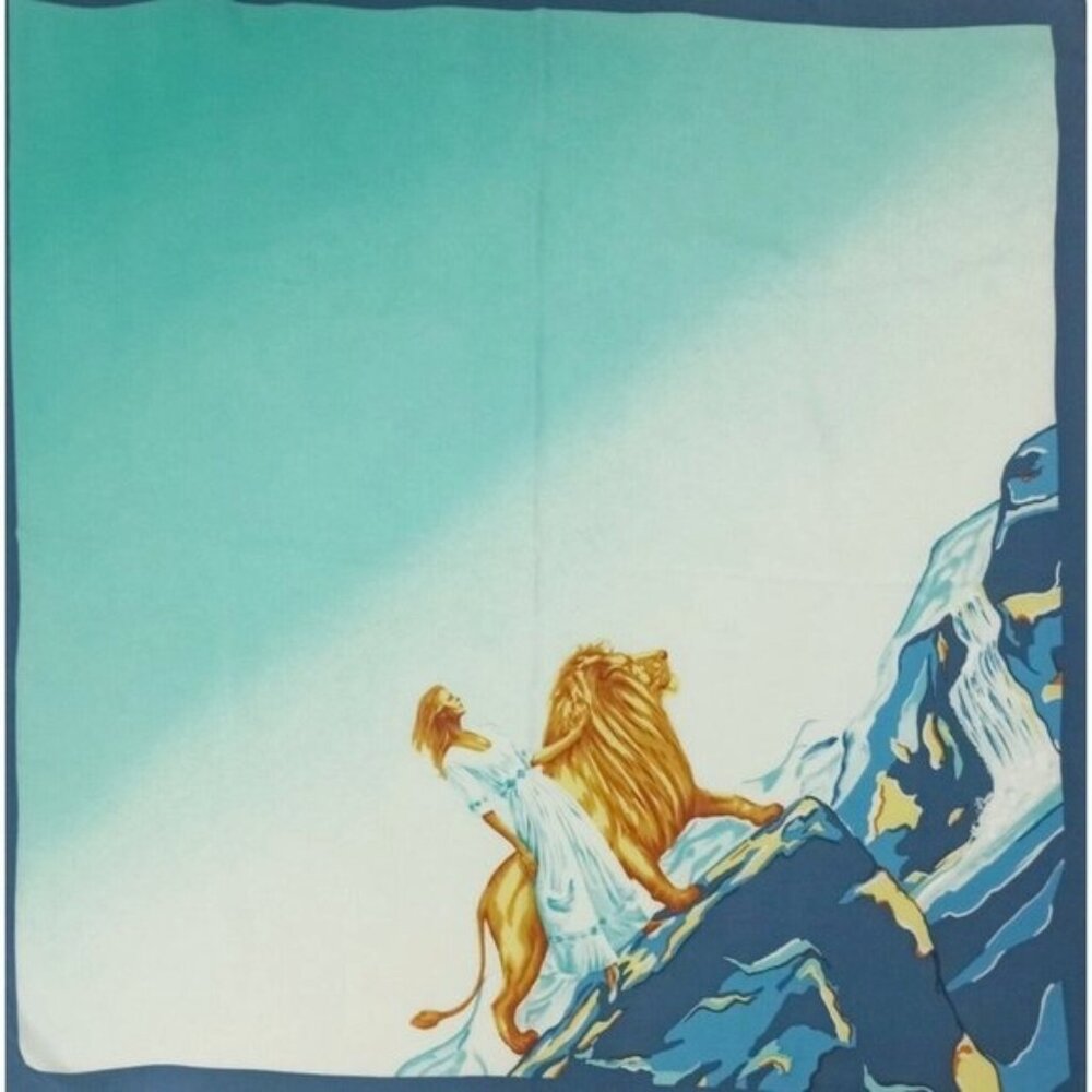AMBIANCE KREFELD Blue Woman Lion Silk Scarf 35"/ 34.5” EC
